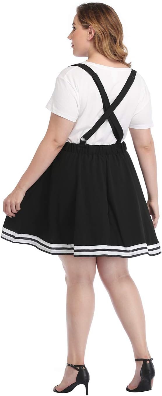 image:imageHDE Plus Size Suspender Skirt 1X4X Elastic Waist Overall Pinafore Skater SkirtsCheer Stripe Black