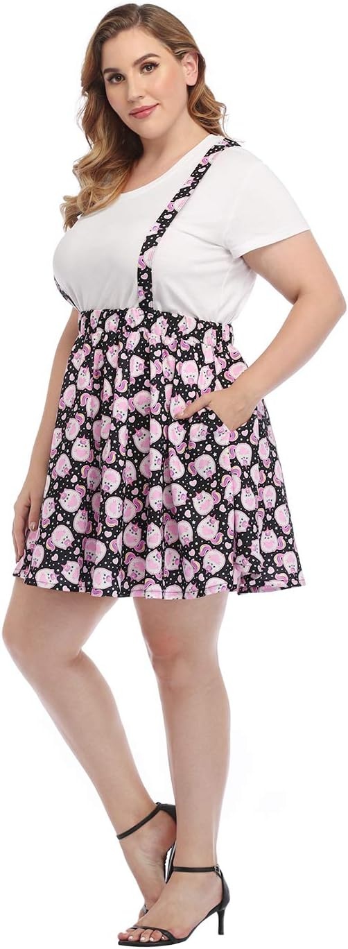 image:imageHDE Plus Size Suspender Skirt 1X4X Elastic Waist Overall Pinafore Skater SkirtsKawaii Pastel Cats