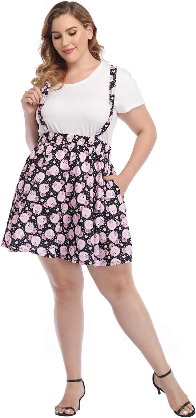 image:imageHDE Plus Size Suspender Skirt 1X4X Elastic Waist Overall Pinafore Skater SkirtsKawaii Pastel Cats