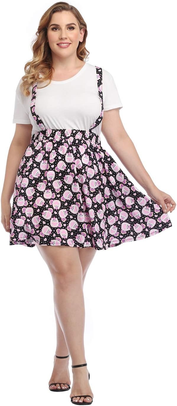 image:imageHDE Plus Size Suspender Skirt 1X4X Elastic Waist Overall Pinafore Skater SkirtsKawaii Pastel Cats