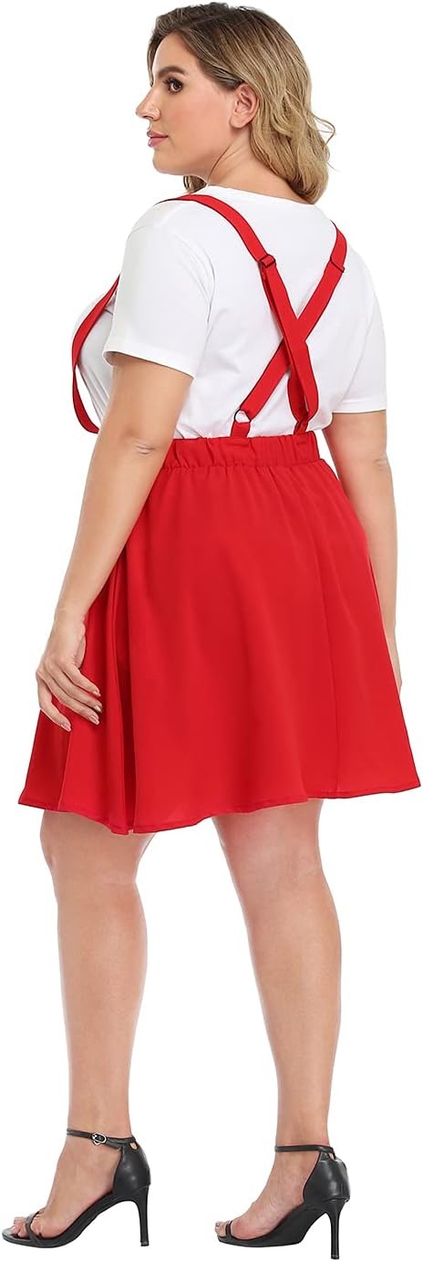 image:imageHDE Plus Size Suspender Skirt 1X4X Elastic Waist Overall Pinafore Skater SkirtsRed