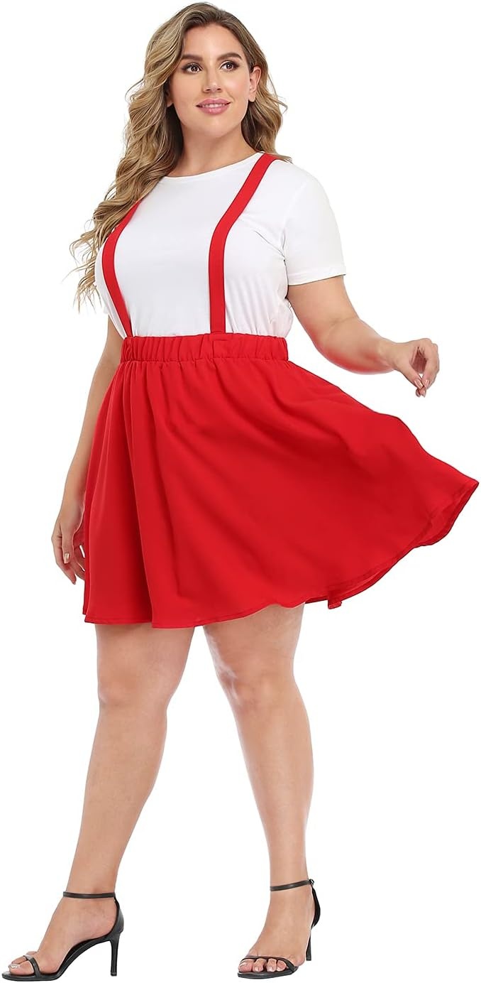 image:imageHDE Plus Size Suspender Skirt 1X4X Elastic Waist Overall Pinafore Skater SkirtsRed