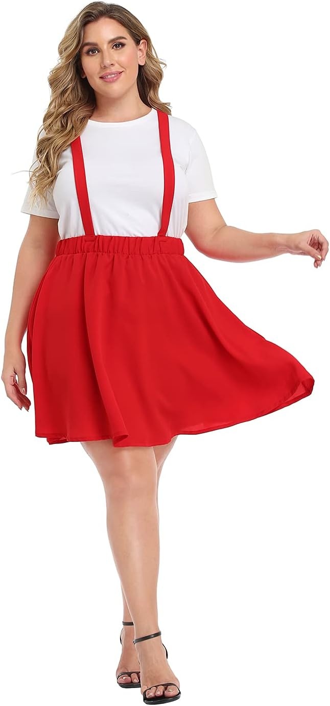 image:imageHDE Plus Size Suspender Skirt 1X4X Elastic Waist Overall Pinafore Skater SkirtsRed