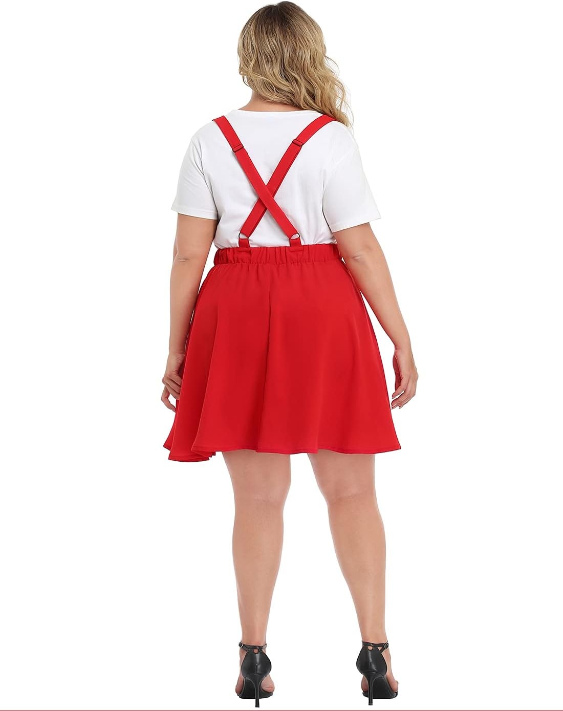 image:imageHDE Plus Size Suspender Skirt 1X4X Elastic Waist Overall Pinafore Skater SkirtsRed