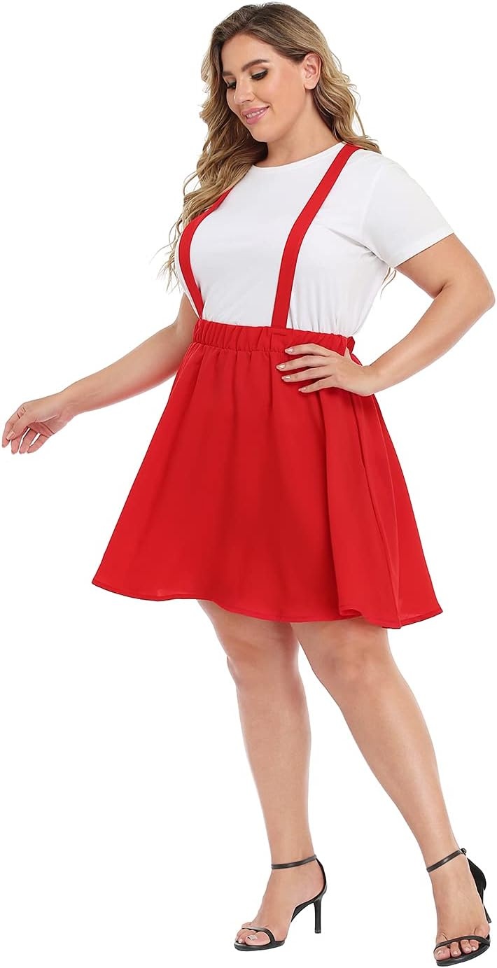 image:imageHDE Plus Size Suspender Skirt 1X4X Elastic Waist Overall Pinafore Skater SkirtsRed