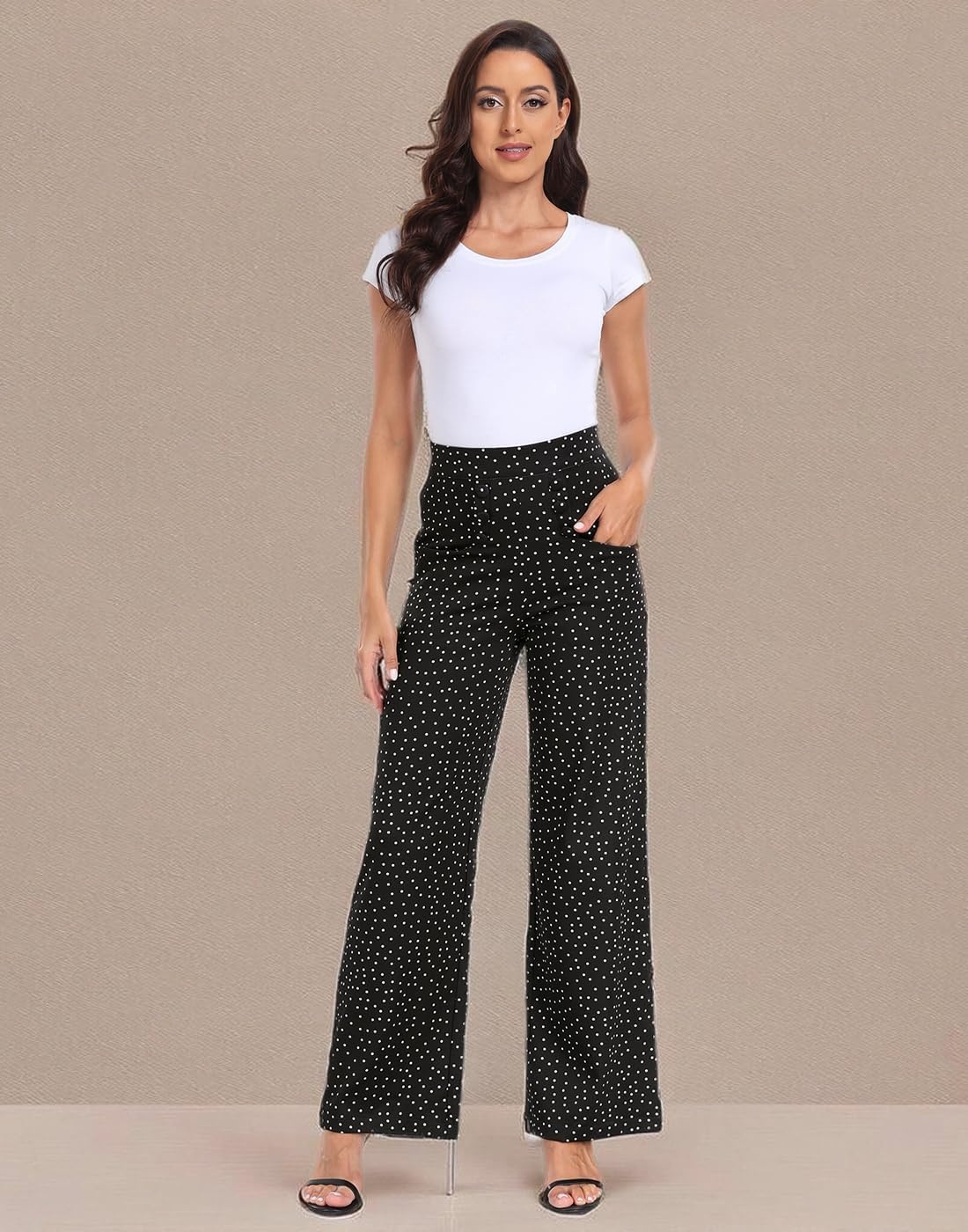 image:imageHDE Super High Waisted Wide Leg Pants Tailored Office Work Trousers with PocketsBlack Polka Dot