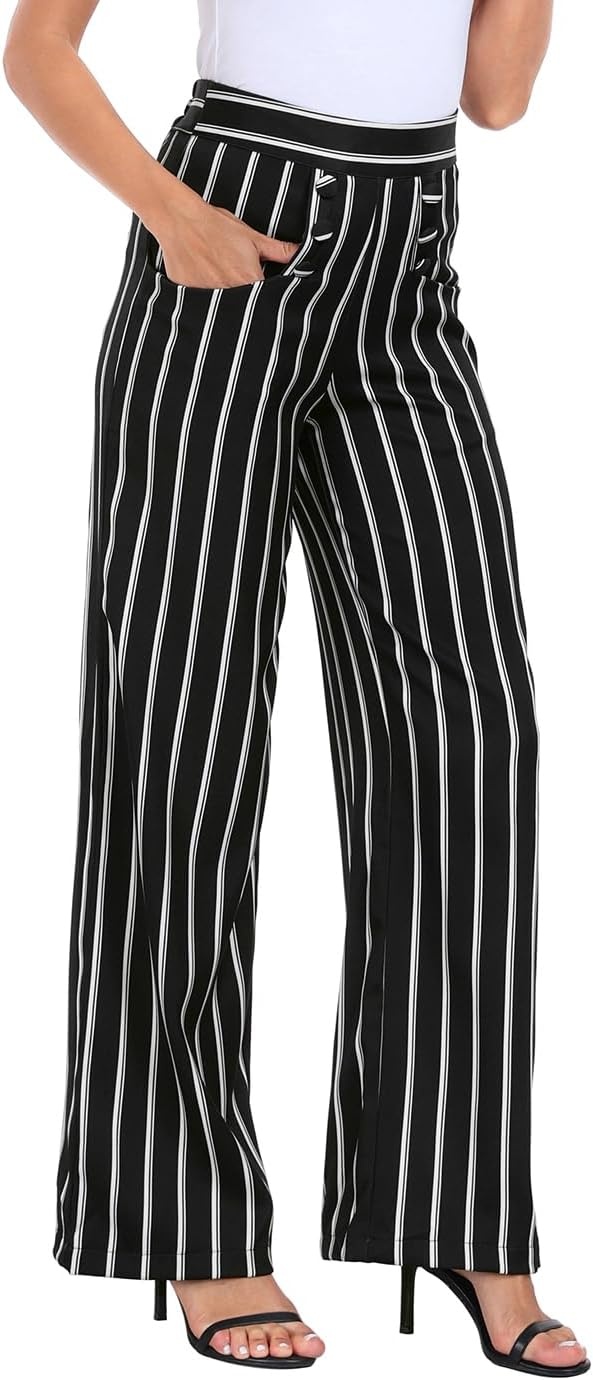 image:imageHDE Super High Waisted Wide Leg Pants Tailored Office Work Trousers with PocketsBlack White Stripes