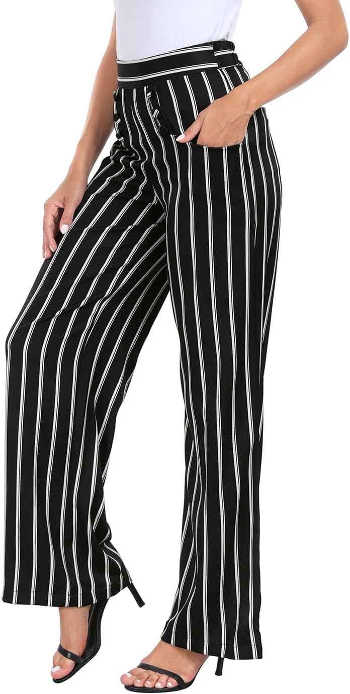 image:imageHDE Super High Waisted Wide Leg Pants Tailored Office Work Trousers with PocketsBlack White Stripes