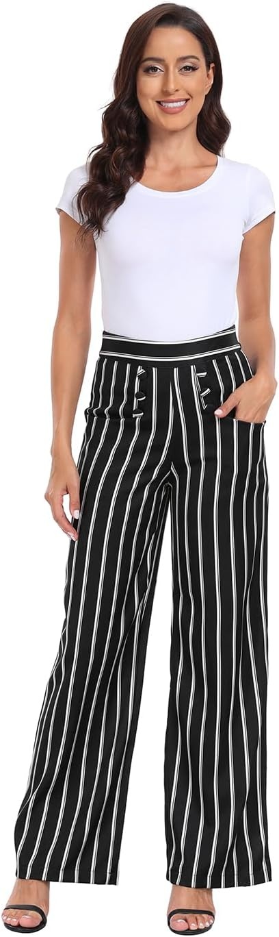 image:imageHDE Super High Waisted Wide Leg Pants Tailored Office Work Trousers with PocketsBlack White Stripes