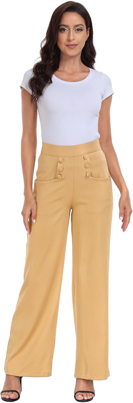 image:imageHDE Super High Waisted Wide Leg Pants Tailored Office Work Trousers with PocketsDark Khaki