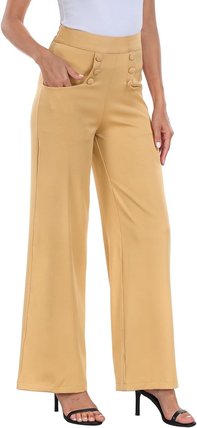 image:imageHDE Super High Waisted Wide Leg Pants Tailored Office Work Trousers with PocketsDark Khaki