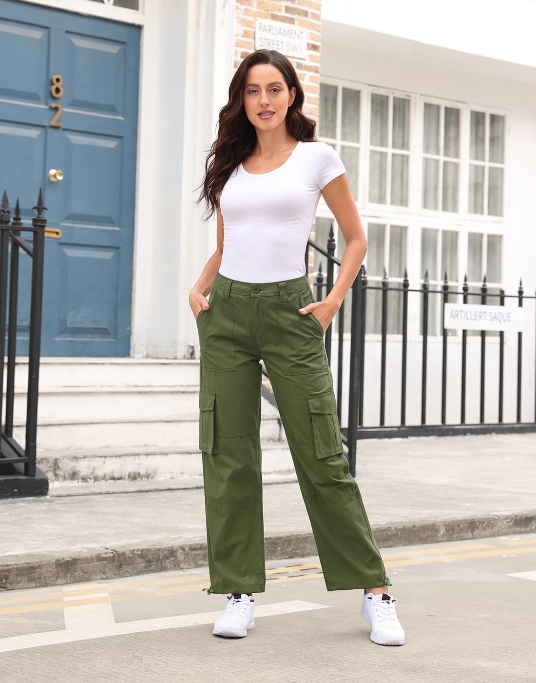 image:imageHDE Womens Cargo Pants High Waisted Baggy Y2K Streetwear Pant with 6 PocketsArmy Green
