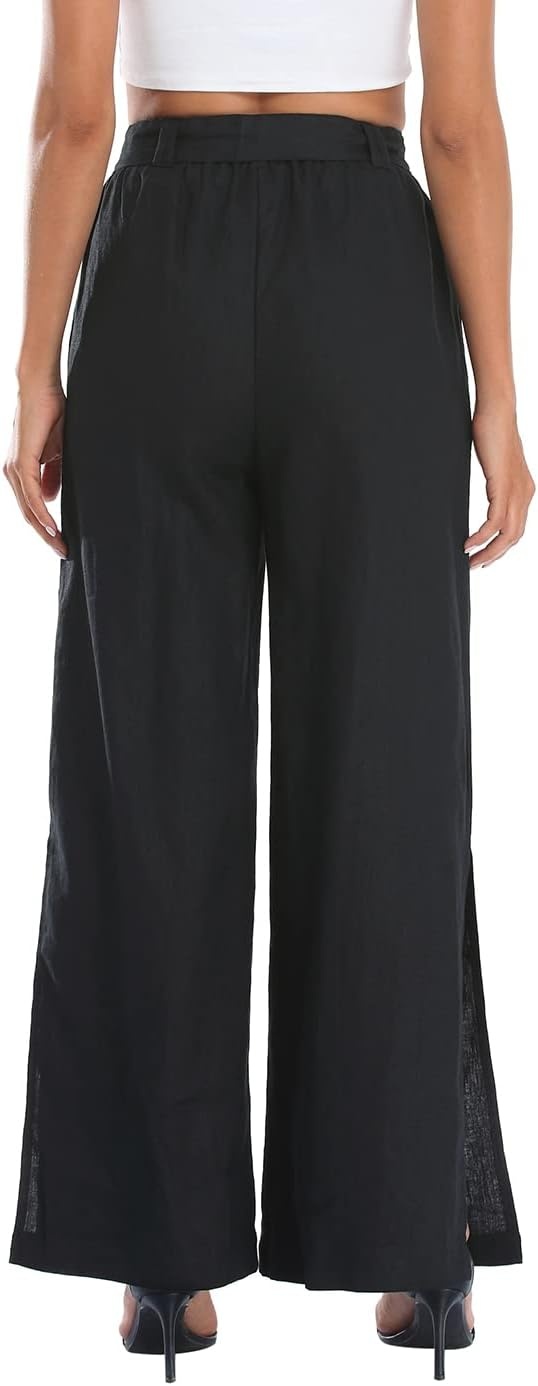 image:imageHDE Womens Linen Wide Leg Palazzo Pants Paperbag Flowy Boho Pant with PocketsBlack