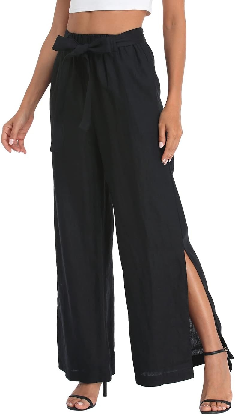 image:imageHDE Womens Linen Wide Leg Palazzo Pants Paperbag Flowy Boho Pant with PocketsBlack