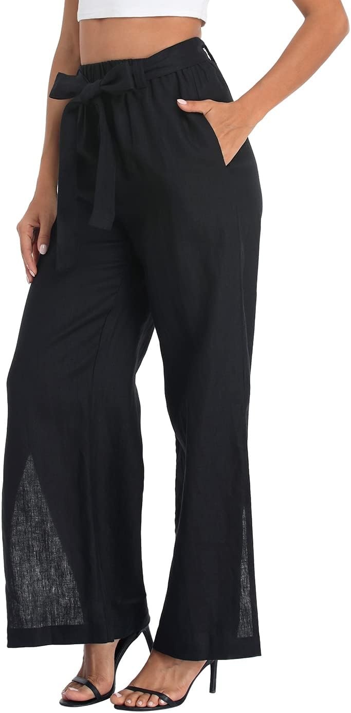 image:imageHDE Womens Linen Wide Leg Palazzo Pants Paperbag Flowy Boho Pant with PocketsBlack