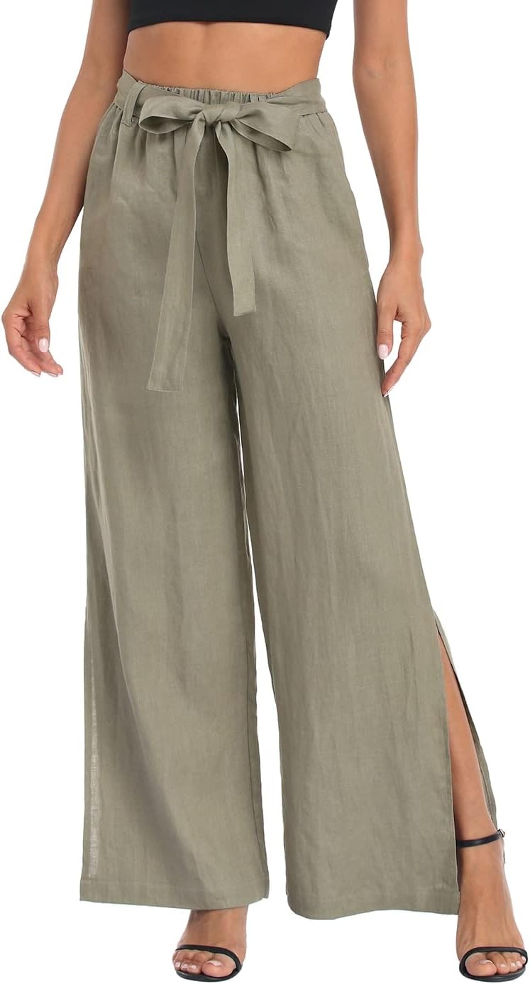 image:imageHDE Womens Linen Wide Leg Palazzo Pants Paperbag Flowy Boho Pant with PocketsSage Green