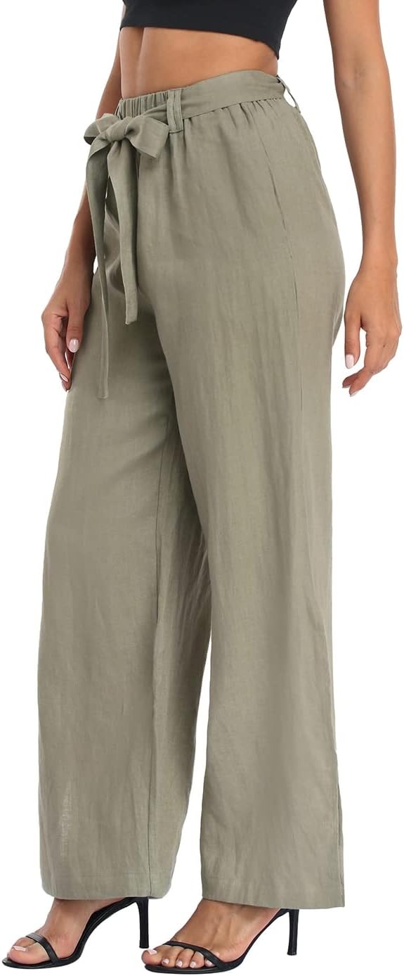 image:imageHDE Womens Linen Wide Leg Palazzo Pants Paperbag Flowy Boho Pant with PocketsSage Green