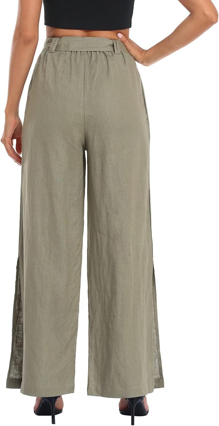 image:imageHDE Womens Linen Wide Leg Palazzo Pants Paperbag Flowy Boho Pant with PocketsSage Green