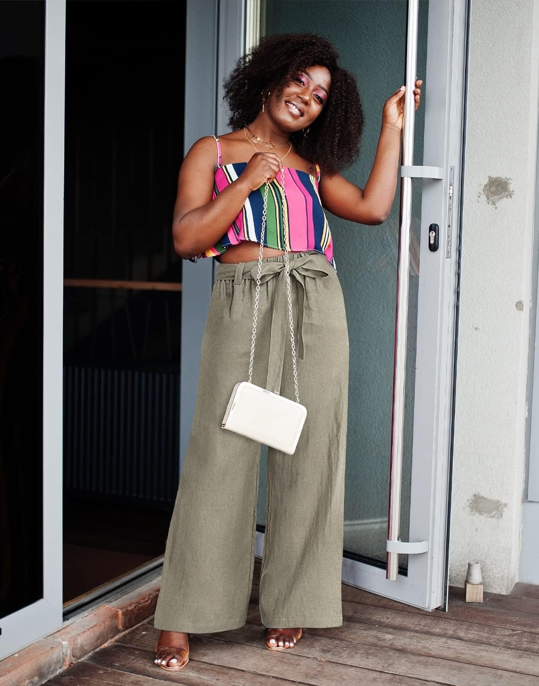 image:imageHDE Womens Linen Wide Leg Palazzo Pants Paperbag Flowy Boho Pant with PocketsSage Green