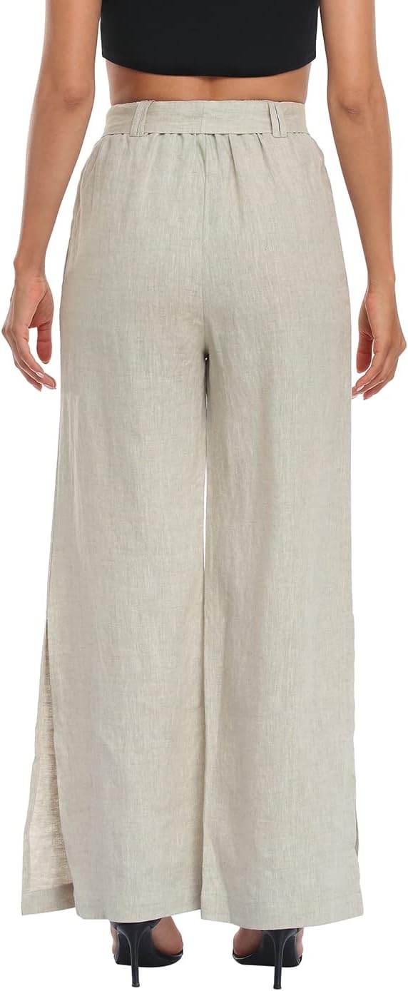 image:imageHDE Womens Linen Wide Leg Palazzo Pants Paperbag Flowy Boho Pant with PocketsTaupe Sand