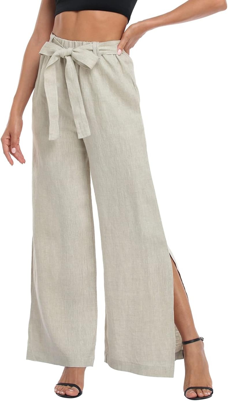 image:imageHDE Womens Linen Wide Leg Palazzo Pants Paperbag Flowy Boho Pant with PocketsTaupe Sand