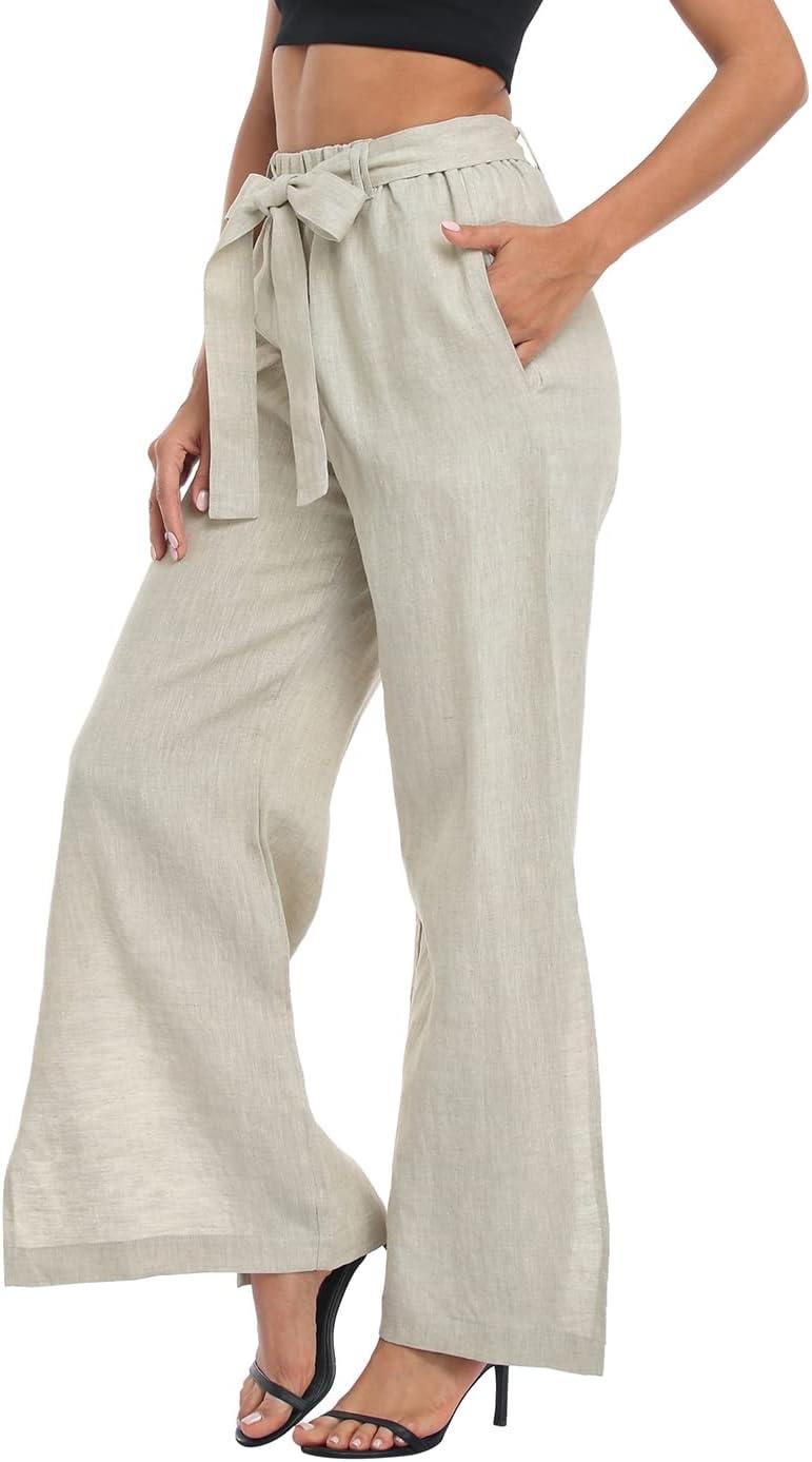 image:imageHDE Womens Linen Wide Leg Palazzo Pants Paperbag Flowy Boho Pant with PocketsTaupe Sand