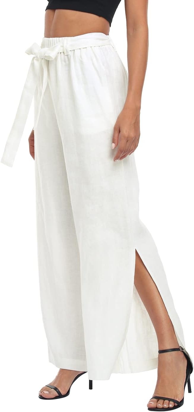 image:imageHDE Womens Linen Wide Leg Palazzo Pants Paperbag Flowy Boho Pant with PocketsWhite