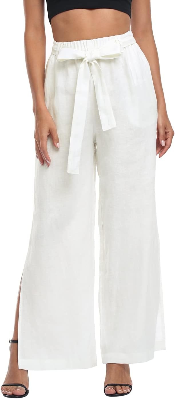 image:imageHDE Womens Linen Wide Leg Palazzo Pants Paperbag Flowy Boho Pant with PocketsWhite