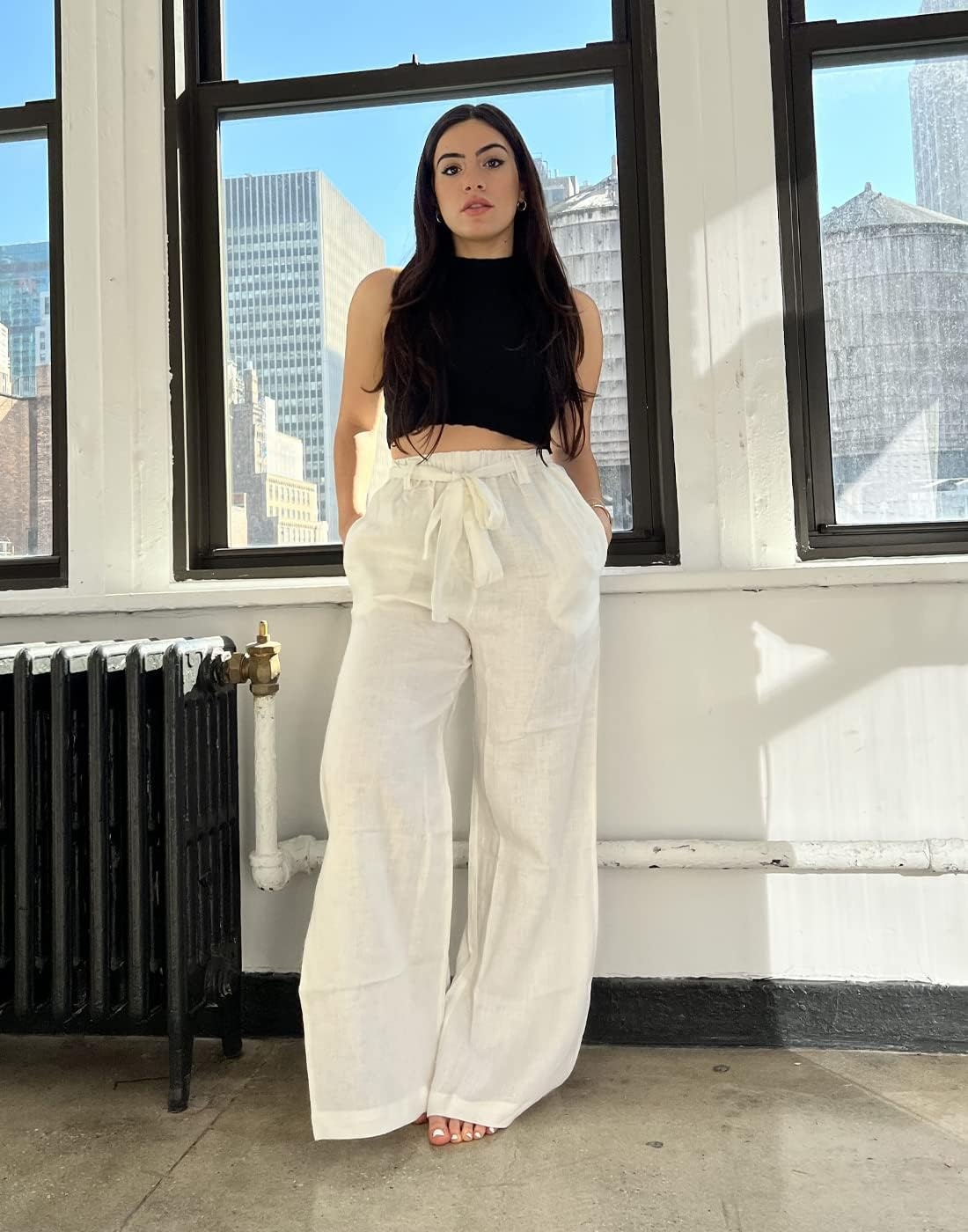 image:imageHDE Womens Linen Wide Leg Palazzo Pants Paperbag Flowy Boho Pant with PocketsWhite