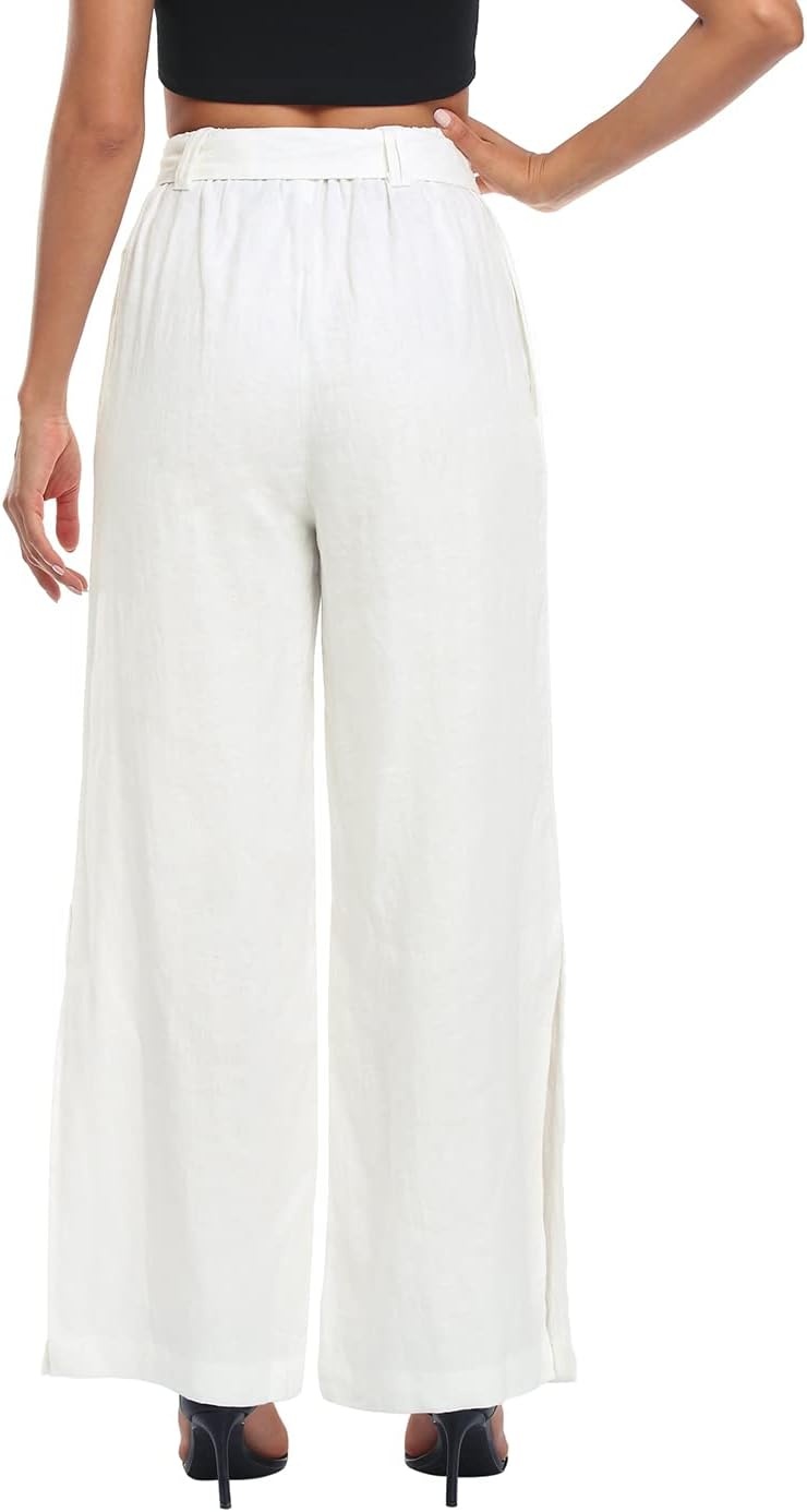 image:imageHDE Womens Linen Wide Leg Palazzo Pants Paperbag Flowy Boho Pant with PocketsWhite