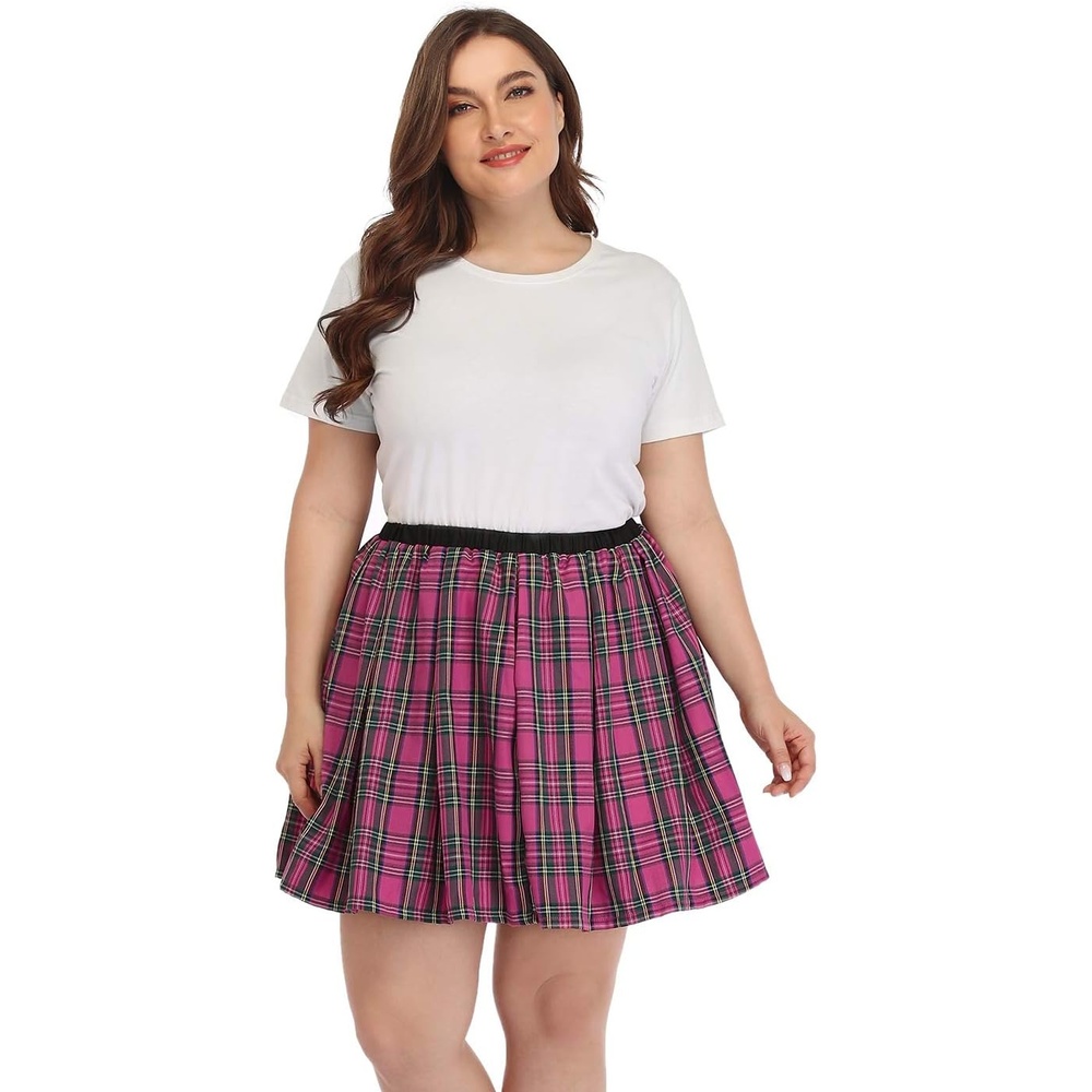 image:imageHDE Plus Size Skirt Plaid Mini Skater Skirts Pleated School GirlPink Plaid