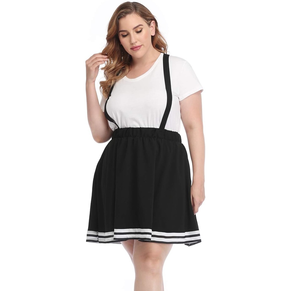 image:imageHDE Plus Size Suspender Skirt 1X4X Elastic Waist Overall Pinafore Skater SkirtsCheer Stripe Black