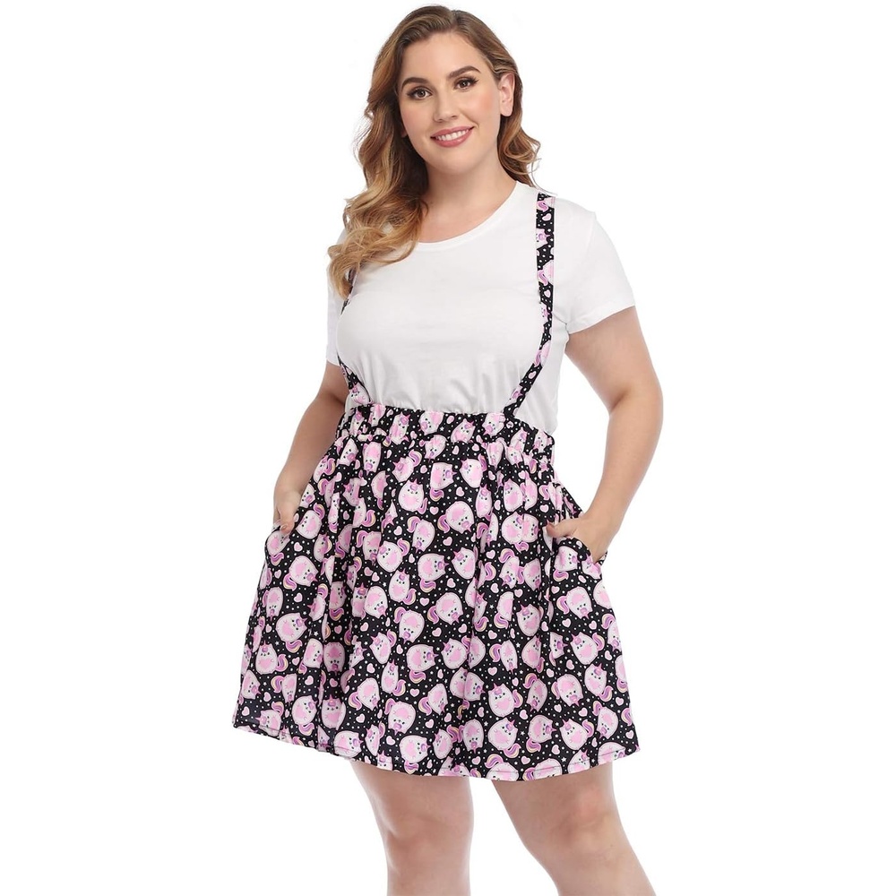 image:imageHDE Plus Size Suspender Skirt 1X4X Elastic Waist Overall Pinafore Skater SkirtsKawaii Pastel Cats