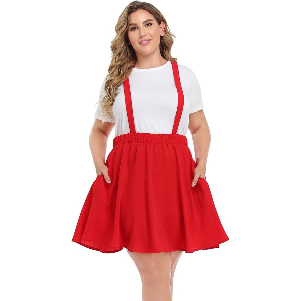 image:imageHDE Plus Size Suspender Skirt 1X4X Elastic Waist Overall Pinafore Skater SkirtsRed