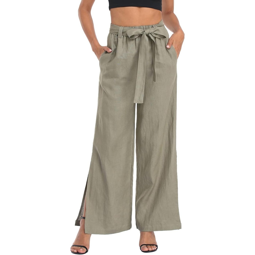 image:imageHDE Womens Linen Wide Leg Palazzo Pants Paperbag Flowy Boho Pant with PocketsSage Green