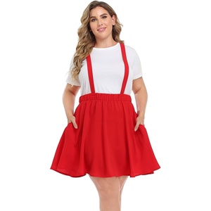 image:imageHDE Plus Size Suspender Skirt 1X4X Elastic Waist Overall Pinafore Skater SkirtsRed