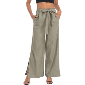 image:imageHDE Womens Linen Wide Leg Palazzo Pants Paperbag Flowy Boho Pant with PocketsSage Green