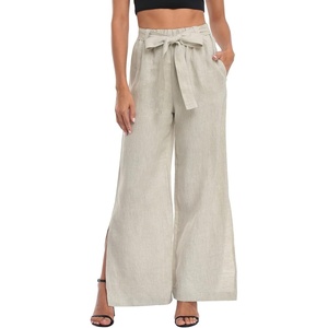 image:imageHDE Womens Linen Wide Leg Palazzo Pants Paperbag Flowy Boho Pant with PocketsTaupe Sand