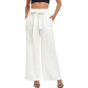 image:imageHDE Womens Linen Wide Leg Palazzo Pants Paperbag Flowy Boho Pant with PocketsWhite