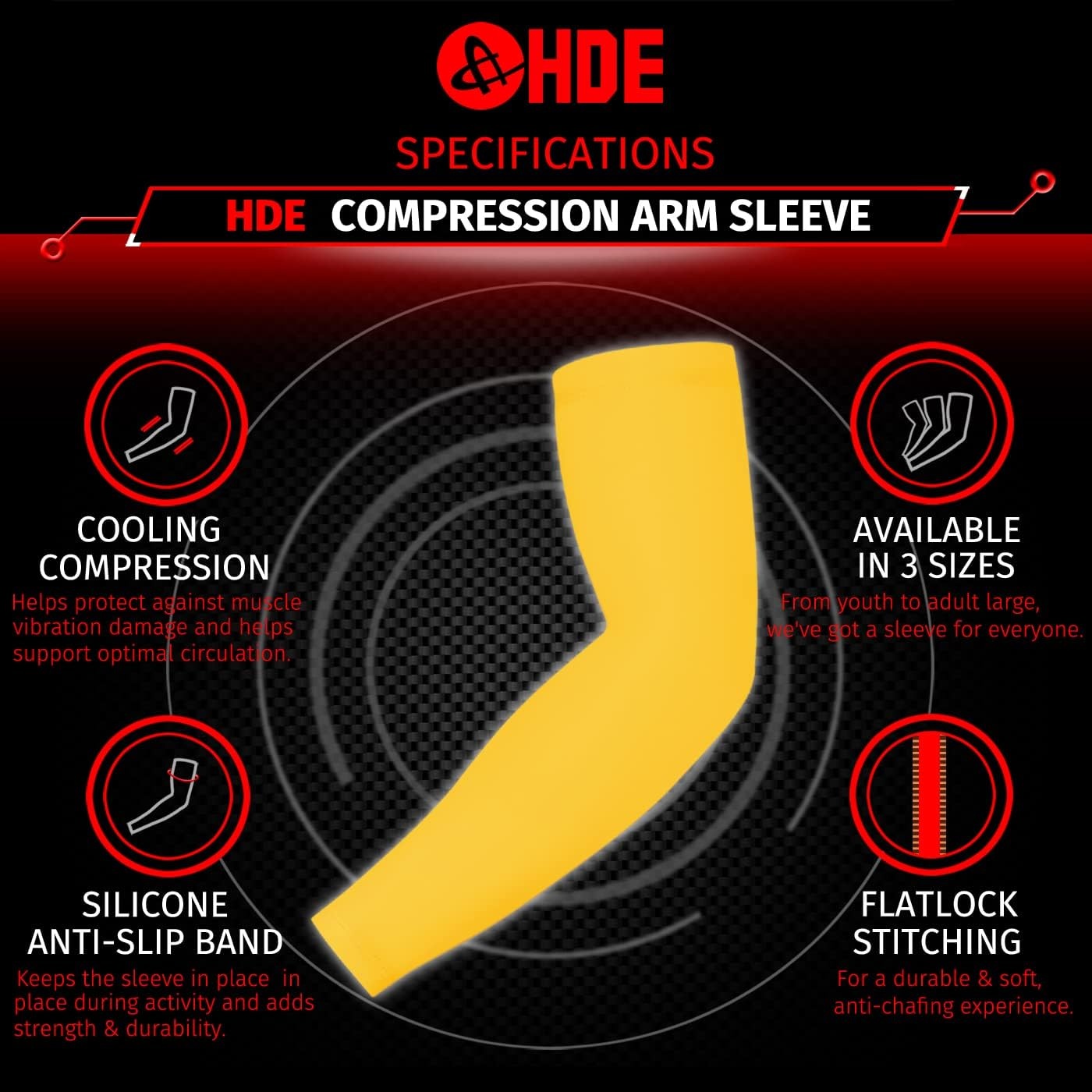 image:imageHDE Arm Sleeves for Men Women Sports Compression Sleeve UV Protection Cooling Arm Cover Basketball Baseball Football PairYellow