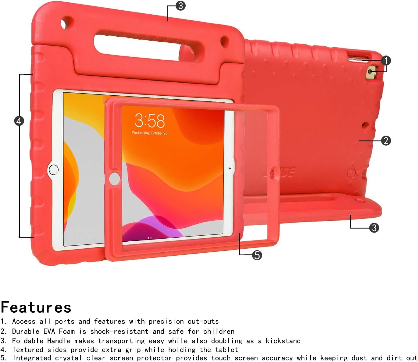 image:imageHDE Case for iPad 9th Generation 102 inch for Kids with Builtin Screen Protector Shockproof Cover with Handle Stand fits 2021 9th Gen 2020 8th 2019 7th Models BlackRed