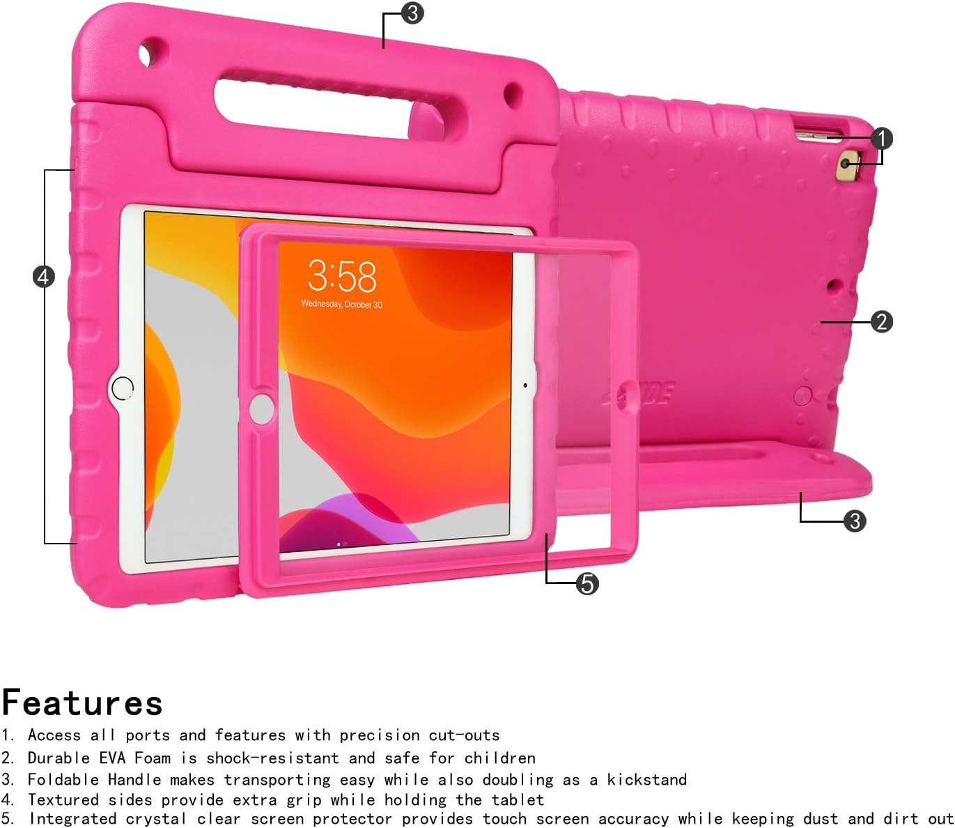 image:imageHDE Case for iPad 9th Generation 102 inch for Kids with Builtin Screen Protector Shockproof Cover with Handle Stand fits 2021 9th Gen 2020 8th 2019 7th Models BlackPink
