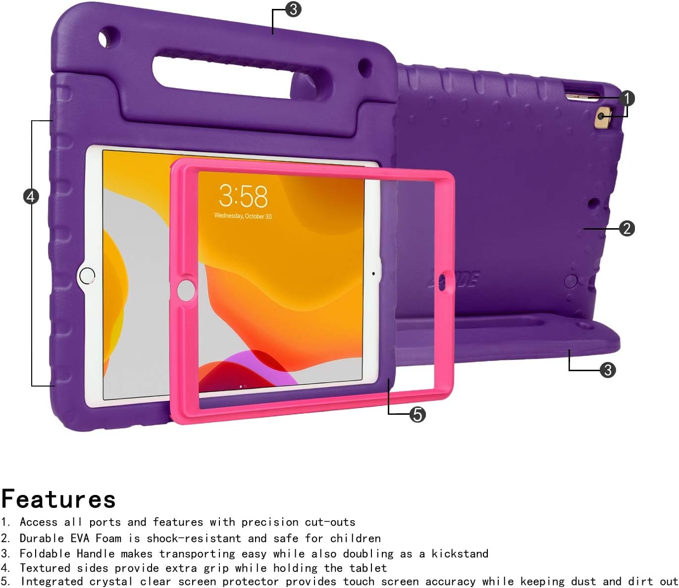 image:imageHDE Case for iPad 9th Generation 102 inch for Kids with Builtin Screen Protector Shockproof Cover with Handle Stand fits 2021 9th Gen 2020 8th 2019 7th Models BlackPurple Pink