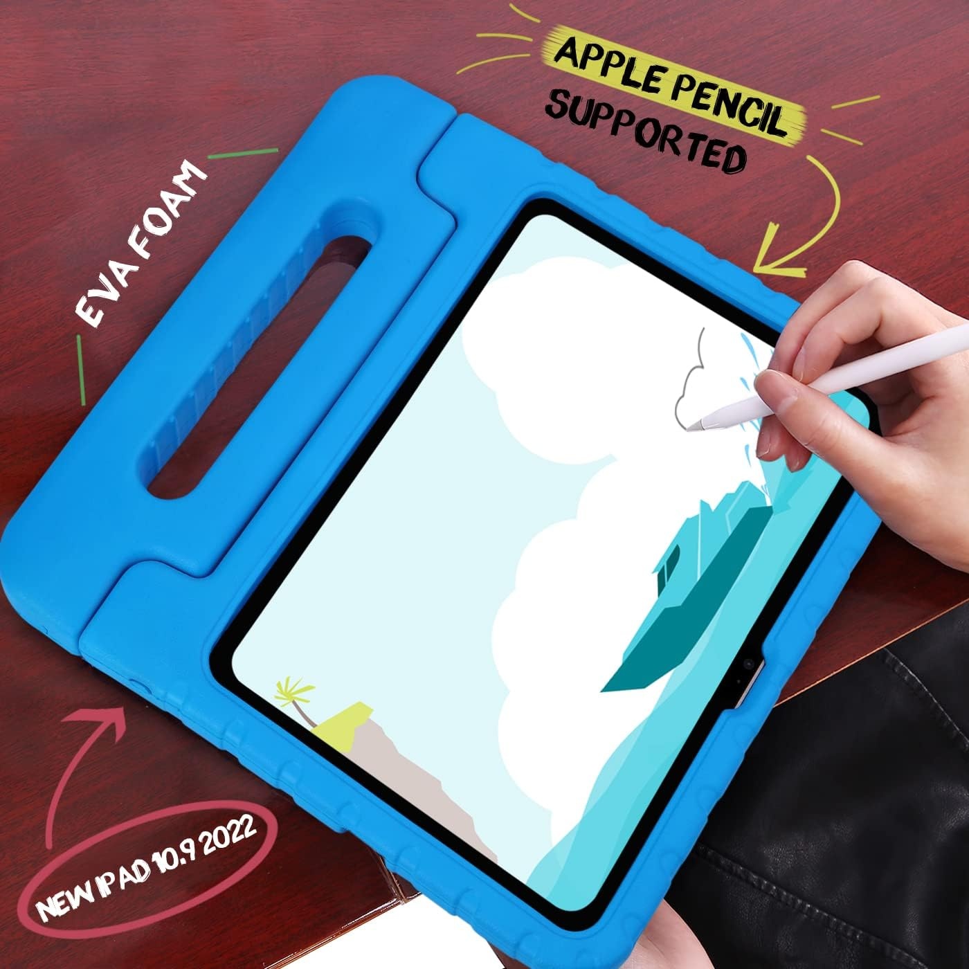 image:imageHDE Kids Case for iPad 10th Gen 11th Gen 109 inch Shockproof Cover with Pencil Holder Anti Slip Handle Multi Angle Viewing BlackBlue