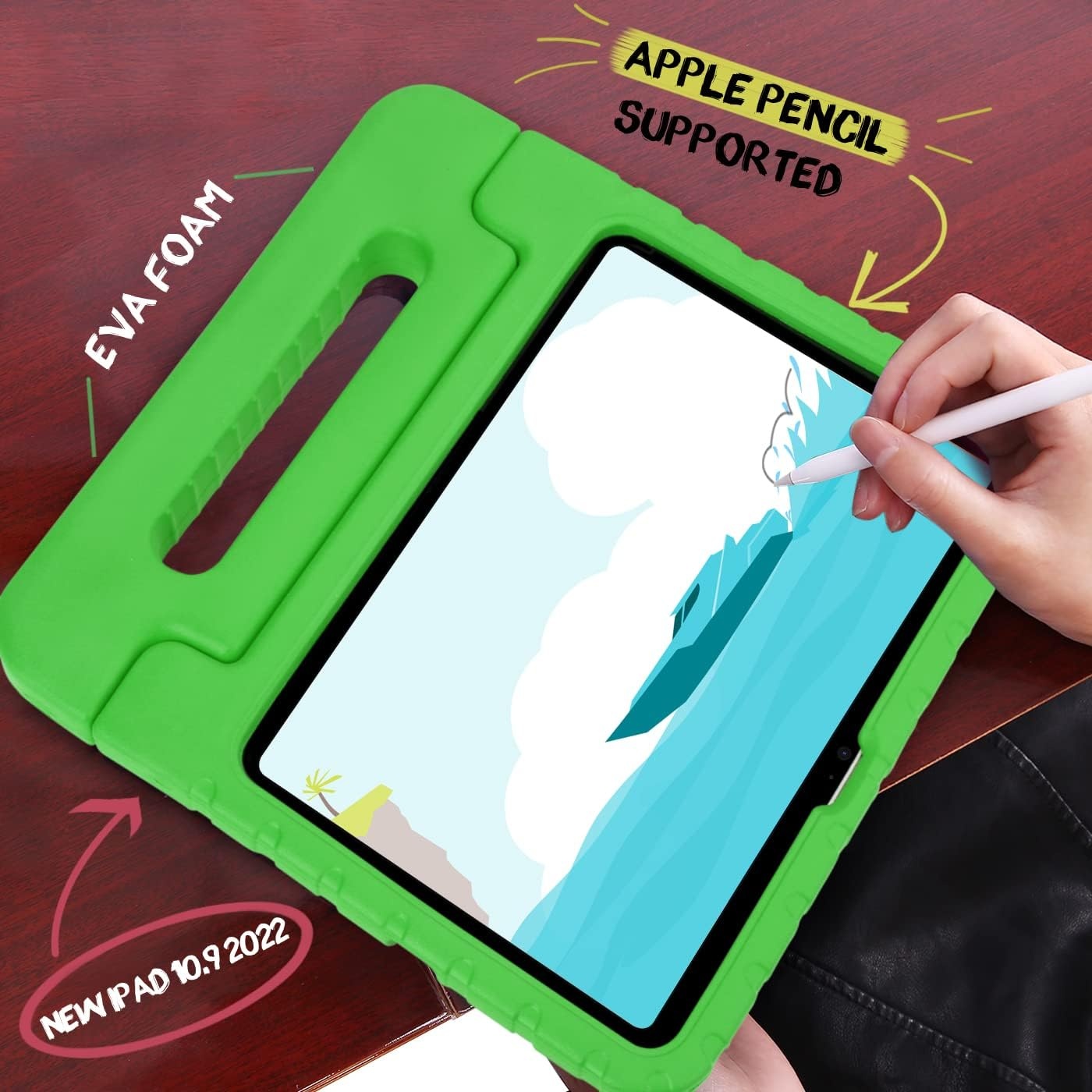 image:imageHDE Kids Case for iPad 10th Gen 11th Gen 109 inch Shockproof Cover with Pencil Holder Anti Slip Handle Multi Angle Viewing BlackGreen