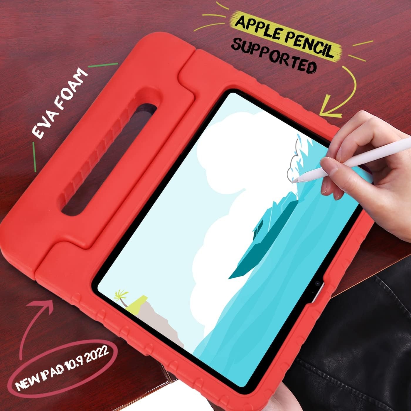 image:imageHDE Kids Case for iPad 10th Gen 11th Gen 109 inch Shockproof Cover with Pencil Holder Anti Slip Handle Multi Angle Viewing BlackRed