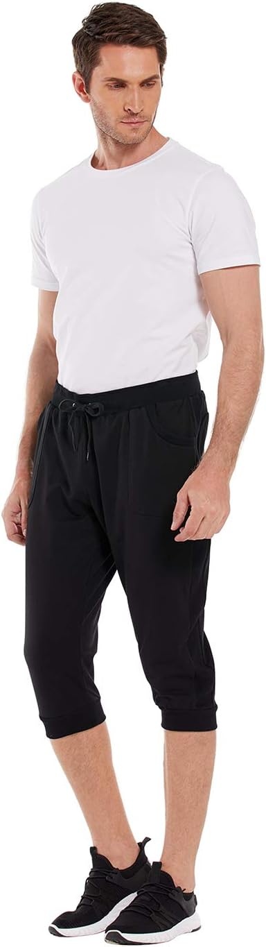 image:imageHDE Mens 34 Pants Workout Jogger Yoga Capri Shorts with Pockets for RunningBlack