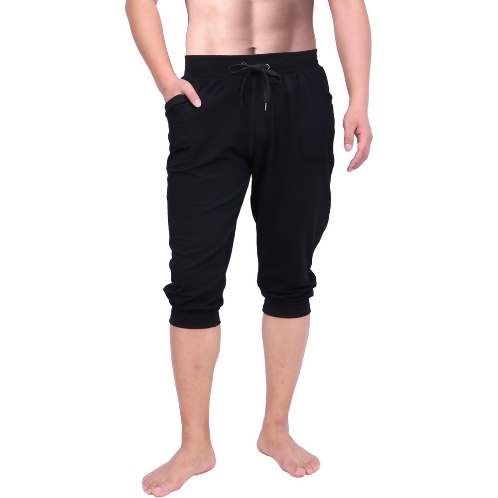 image:imageHDE Mens 34 Pants Workout Jogger Yoga Capri Shorts with Pockets for RunningBlack