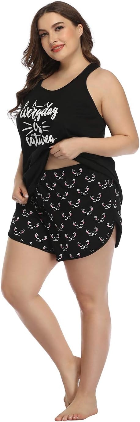 image:imageHDE Plus Size Pajamas for Women Two Piece PJ Shorts Summer Lounge SetCaturday