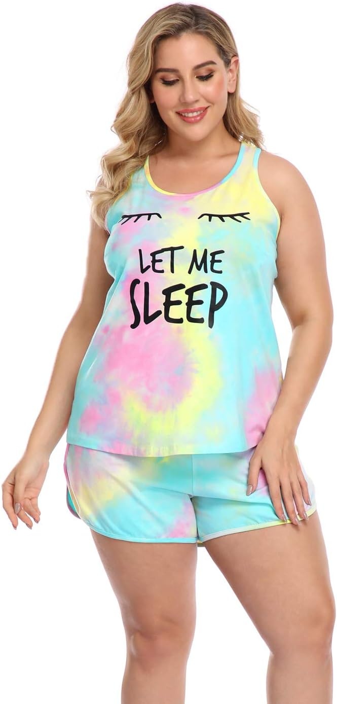 image:imageHDE Plus Size Pajamas for Women Two Piece PJ Shorts Summer Lounge SetLet Me Sleep Tie Dye